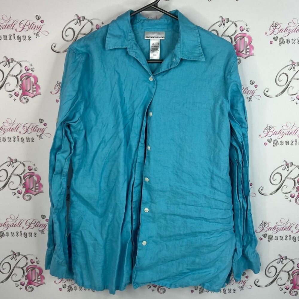 Jones New York button up long sleeve top linen Aqua Button-Up Blouse